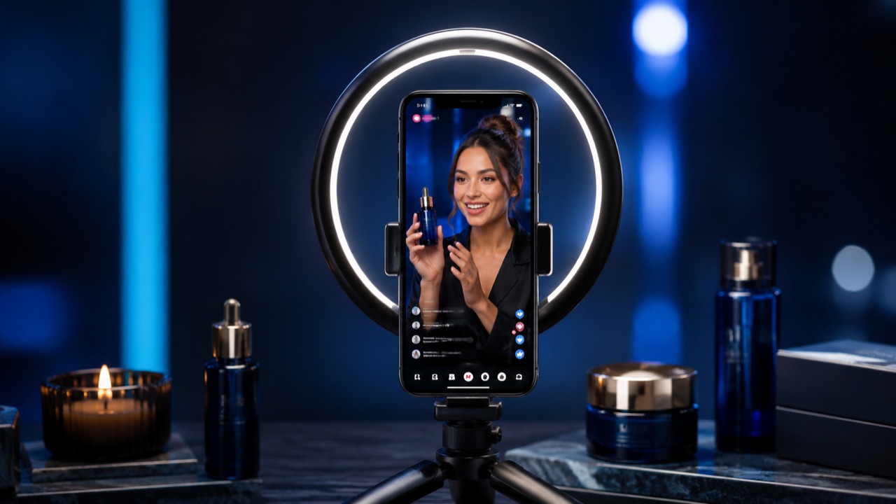 Live commerce na TikTok Shop: telefon na lampie pierścieniowej transmituje pokaz produktu